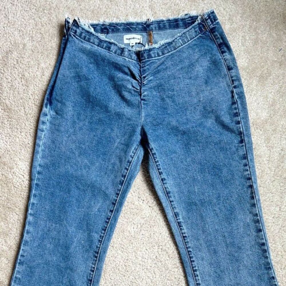 Superdown Isabella Ruched Frayed Waist Low Rise Blue Denim Bootcut Flared Jeans